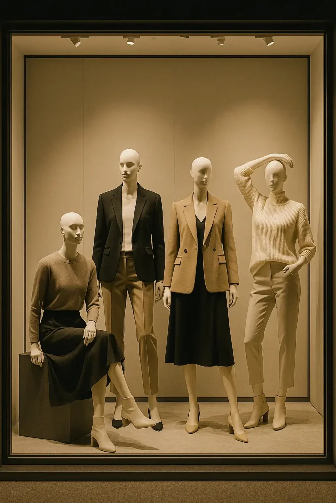 چیدمان ویترین فروشگاه با مانکن‌های در ژست‌های مختلف و نورپردازی حرفه‌ای - رگال محمدی