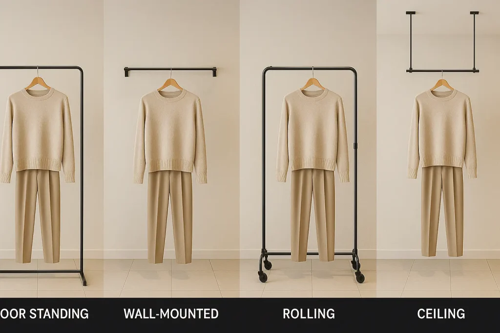مقایسه انواع رگال لباس فروشگاهی شامل ایستاده، دیواری، چرخدار و سقفی - رگال محمدی