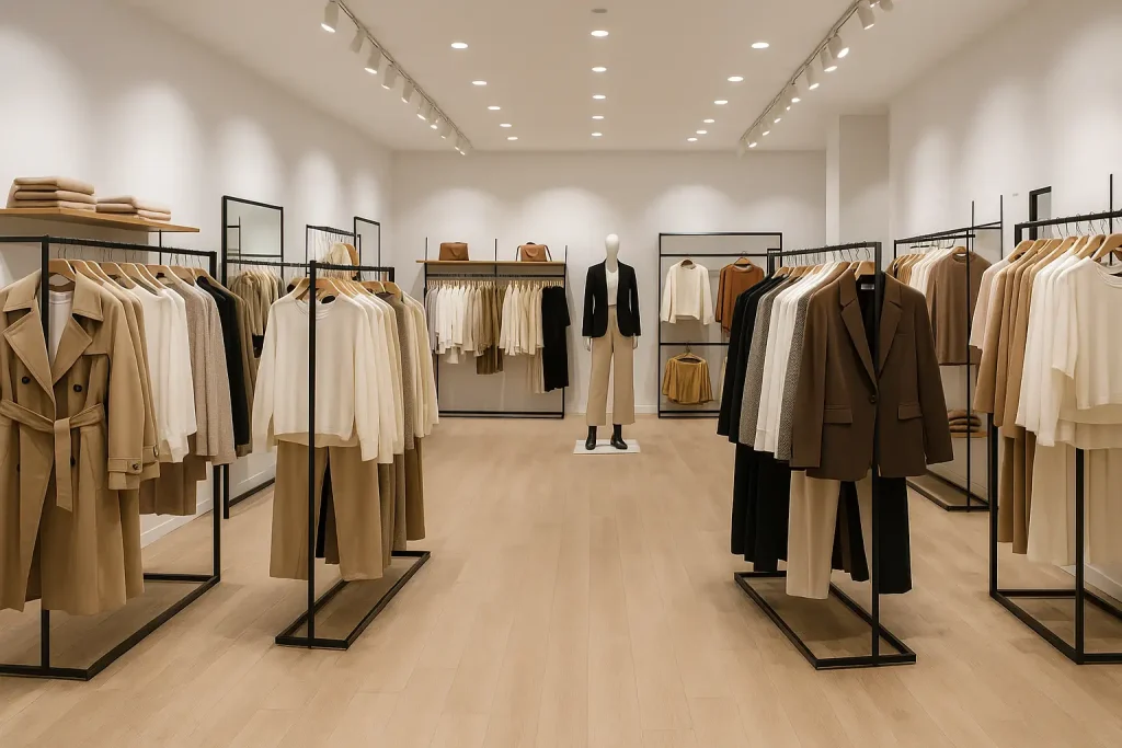 دکوراسیون مدرن فروشگاه لباس با رگال‌های شیک و منظم - رگال محمدی