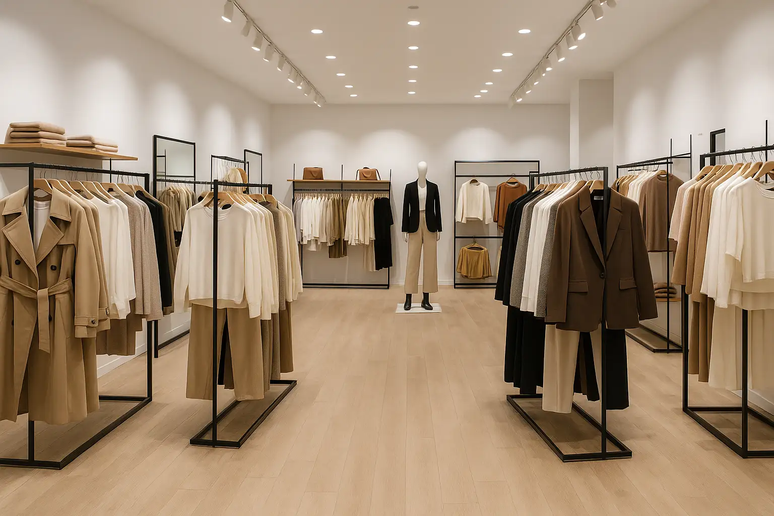 دکوراسیون مدرن فروشگاه لباس با رگال‌های شیک و منظم - رگال محمدی