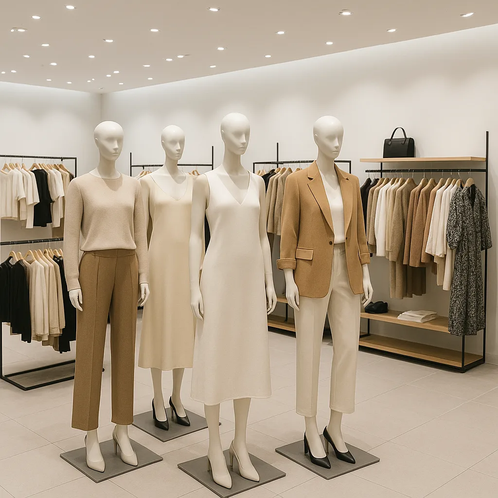 ویترین مدرن فروشگاه لباس با مانکن‌های شیک و نورپردازی - رگال محمدی