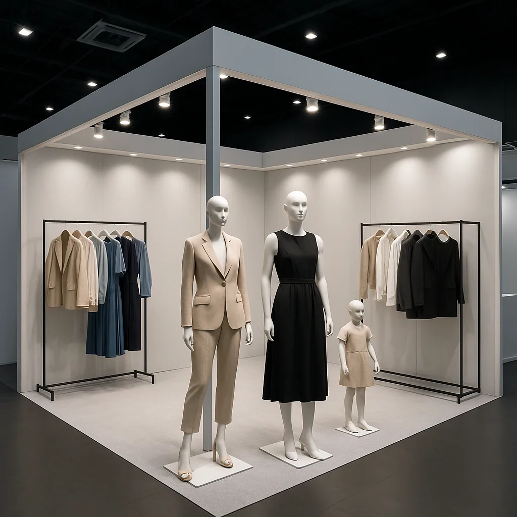 تجهیزات نمایشگاهی مدرن با رگال لباس و مانکن در نورپردازی حرفه‌ای - رگال محمدی