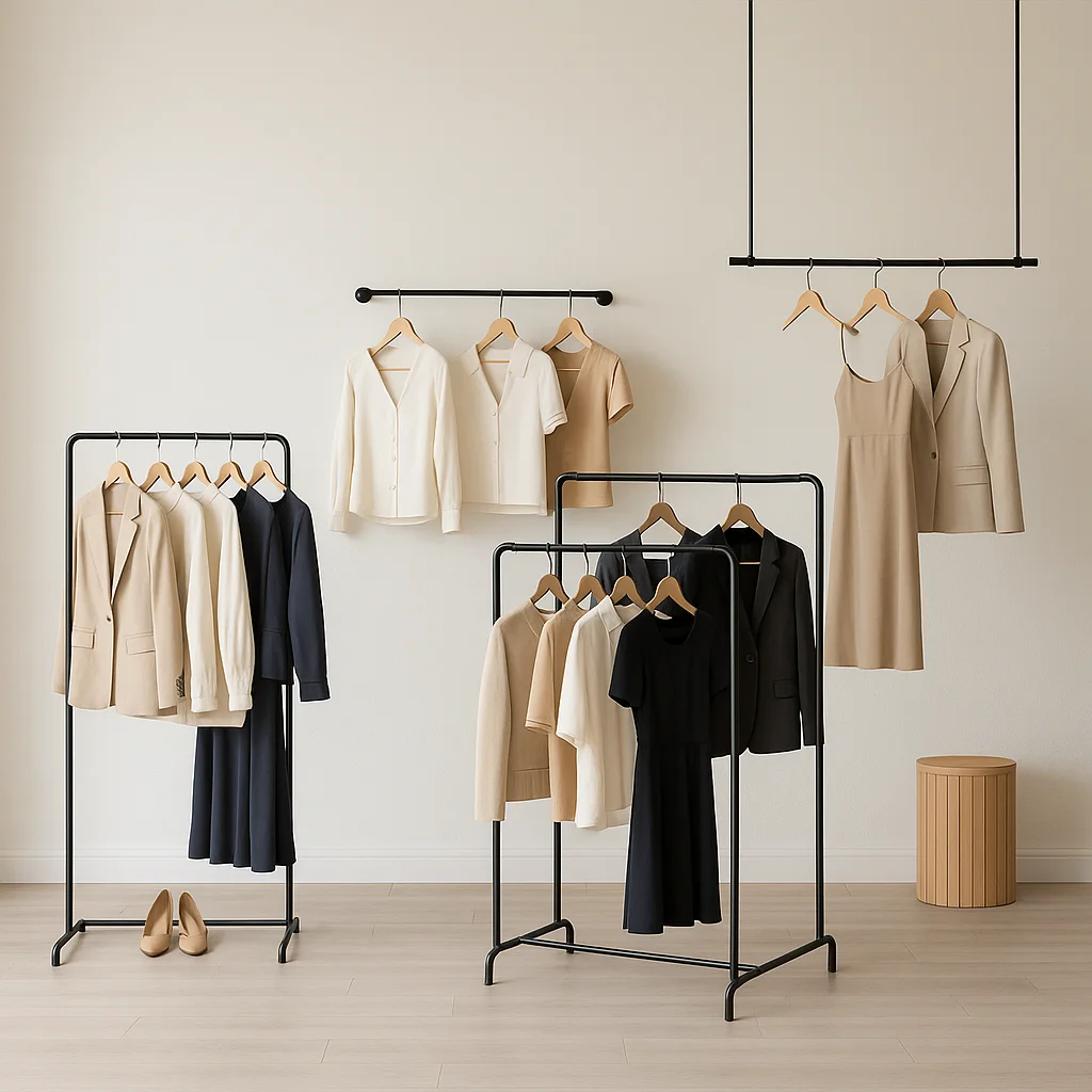 انواع رگال لباس شامل ایستاده، دیواری، دوبل و سقفی در فروشگاه لباس - رگال محمدی